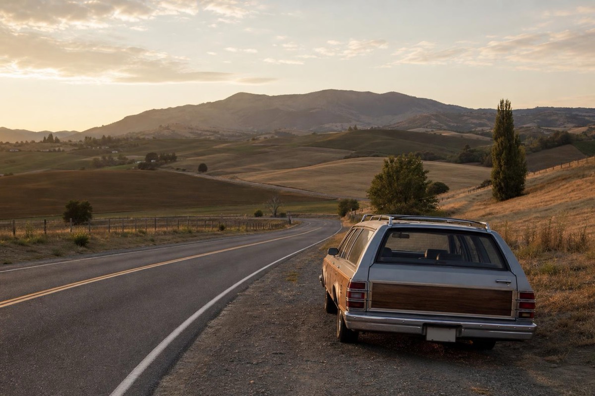A two-lane country road curving through farmland at golden hour, with a station wagon parked on the shoulder