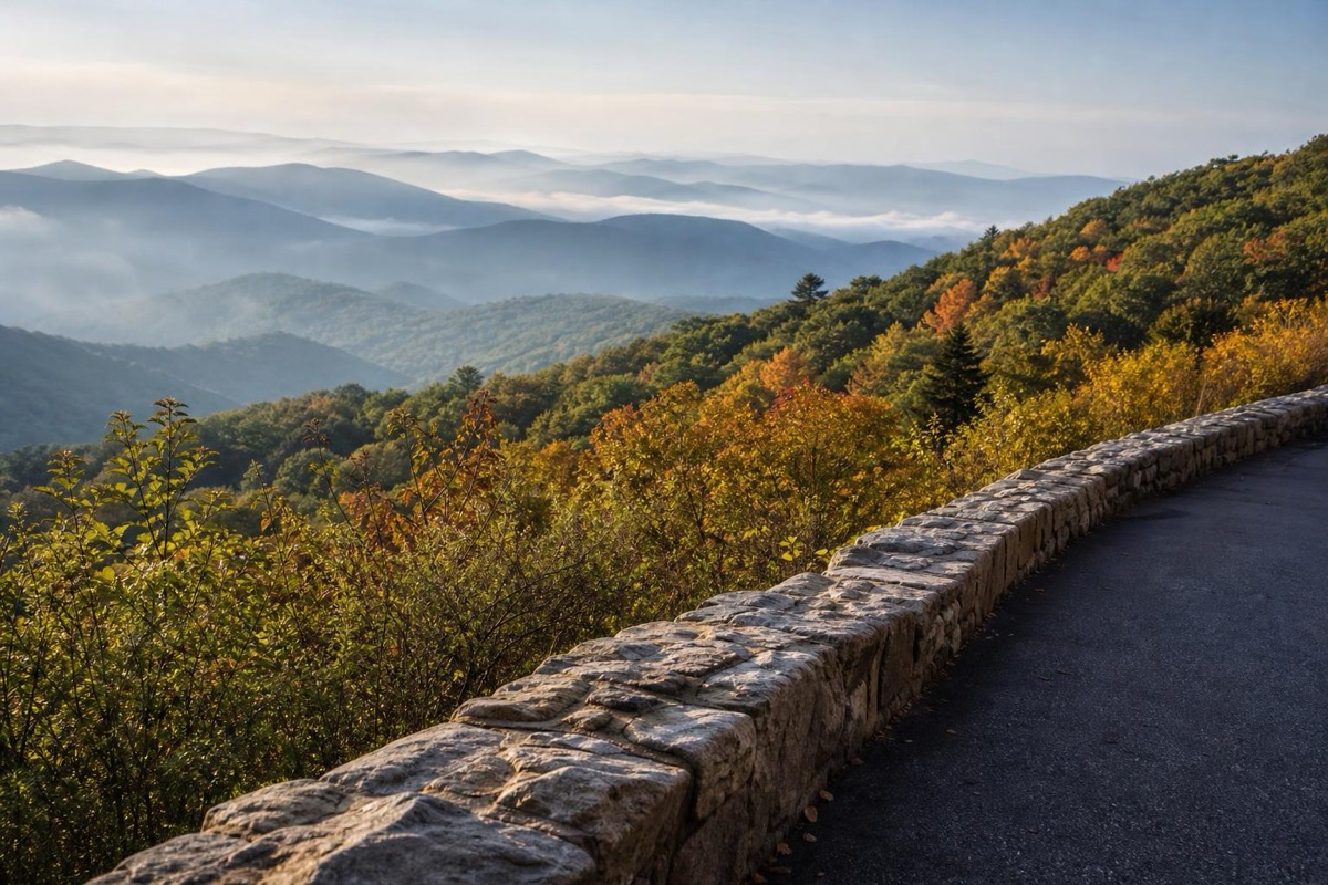 Mountain overlook with a stone wall and layered ridges in autumn