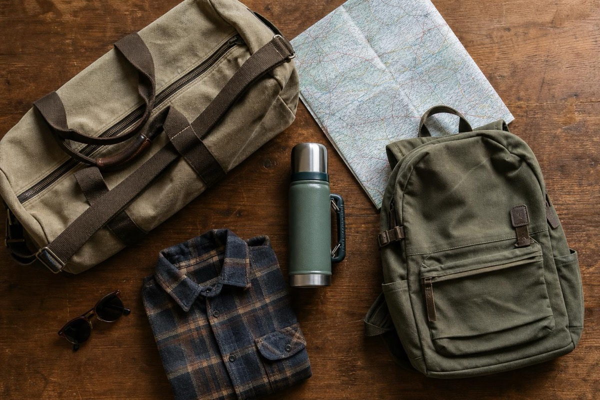 A duffel bag, a daypack, a paper map, a thermos and a flannel shirt laid out on a wooden table